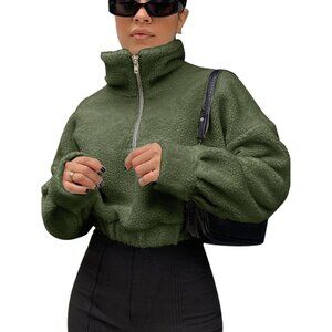 Women's Army Green Faux Fur Pullover Half Zip Long Sleeve Crop Sweatshirt Tops